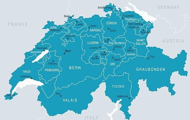 Mapa Suiza regiones y ciudades