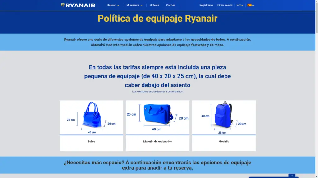 Medidas y pesos equipaje cabina Ryanair